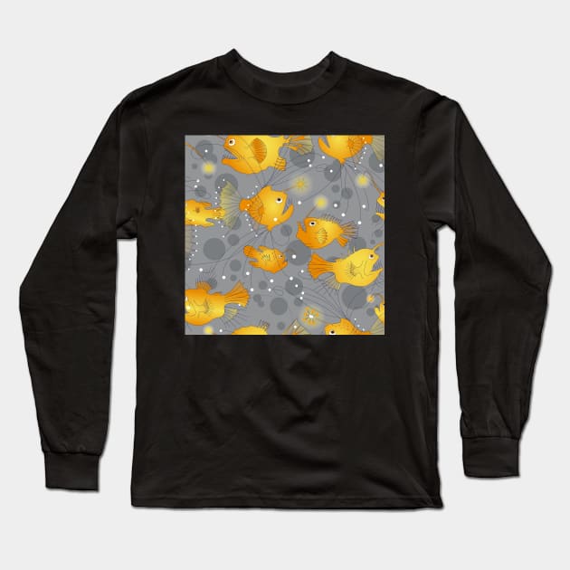 Angler fish - yellow on gray Long Sleeve T-Shirt by kobyakov